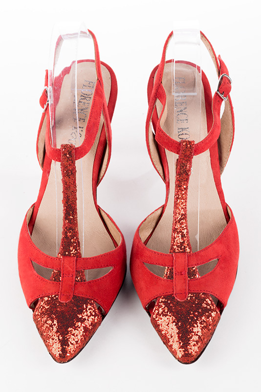 Scarlet red women's open back T-strap shoes. Tapered toe. High spool heels. Top view - Florence KOOIJMAN
